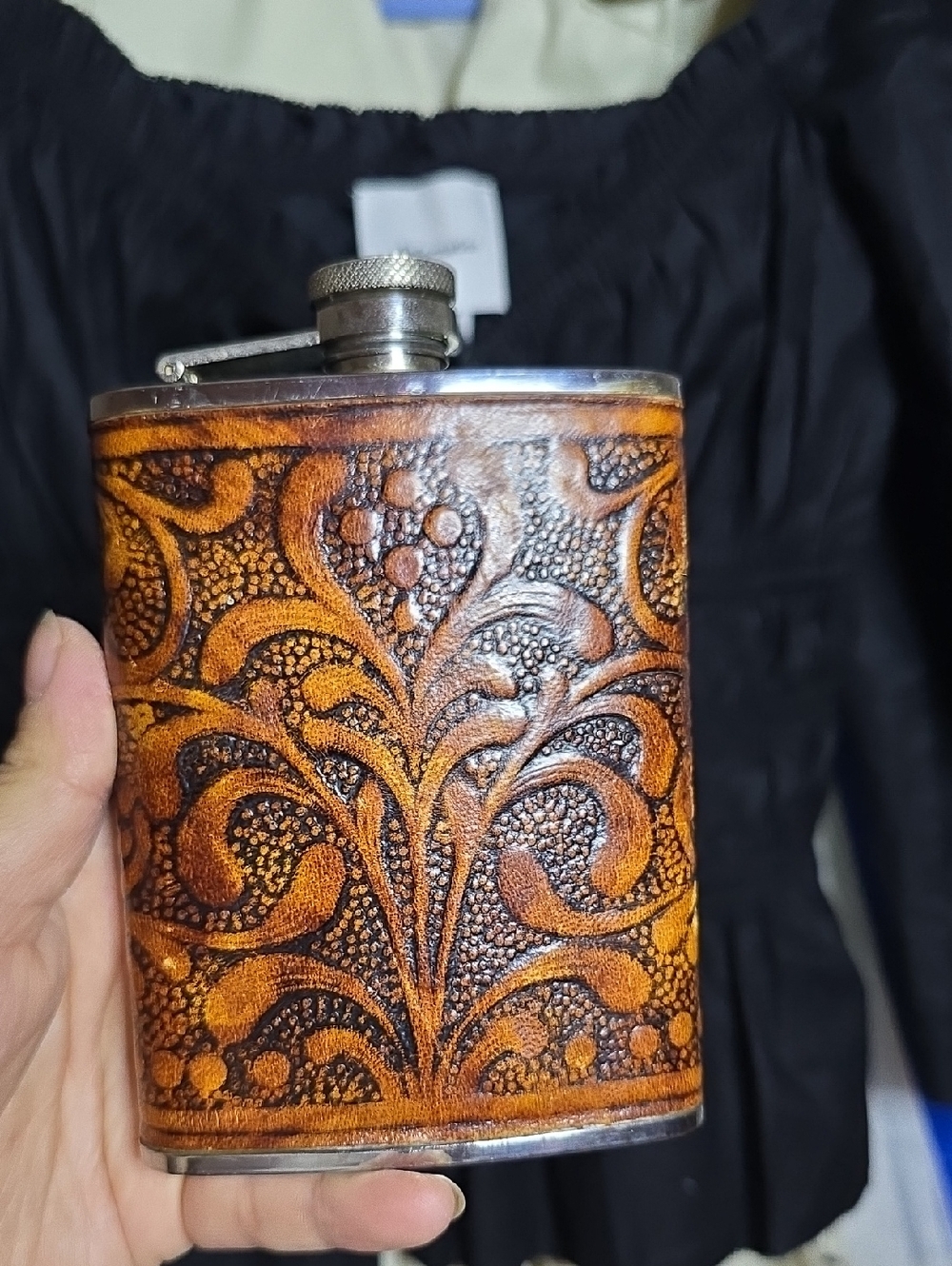 Nordstrom Brown Tooled Leather Flask with Silver Top